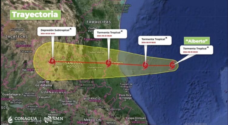 Trayectoria esperada de la Tormenta Tropical “Alberto”, 19 de junio del 2024. AMEXI/FOTO: CONAGUA-CORTESÍA.