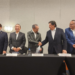 CDMX, 28 ago. Líderes sindicales durante la conformación de la Asociación General de las y los Trabajadores (AGT). De izquierda a Derecha, Rodolfo González, de la CROM; Isaías González Cuevas, de la CROC; Francisco Hernández Juárez, del STRM; Napoleón Gómez Urrutia, del Sindicato de Mineros, y Oscar Moreno, COCEM. AMEXI/Foto/Adriana Urrea.