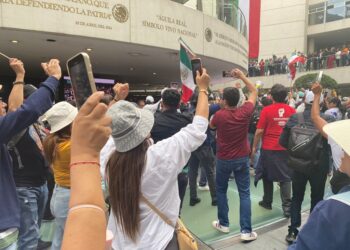 Cientos de manifestantes dan portazo en el Senado. AMEXI / Foto Martín Guzmán Torres.