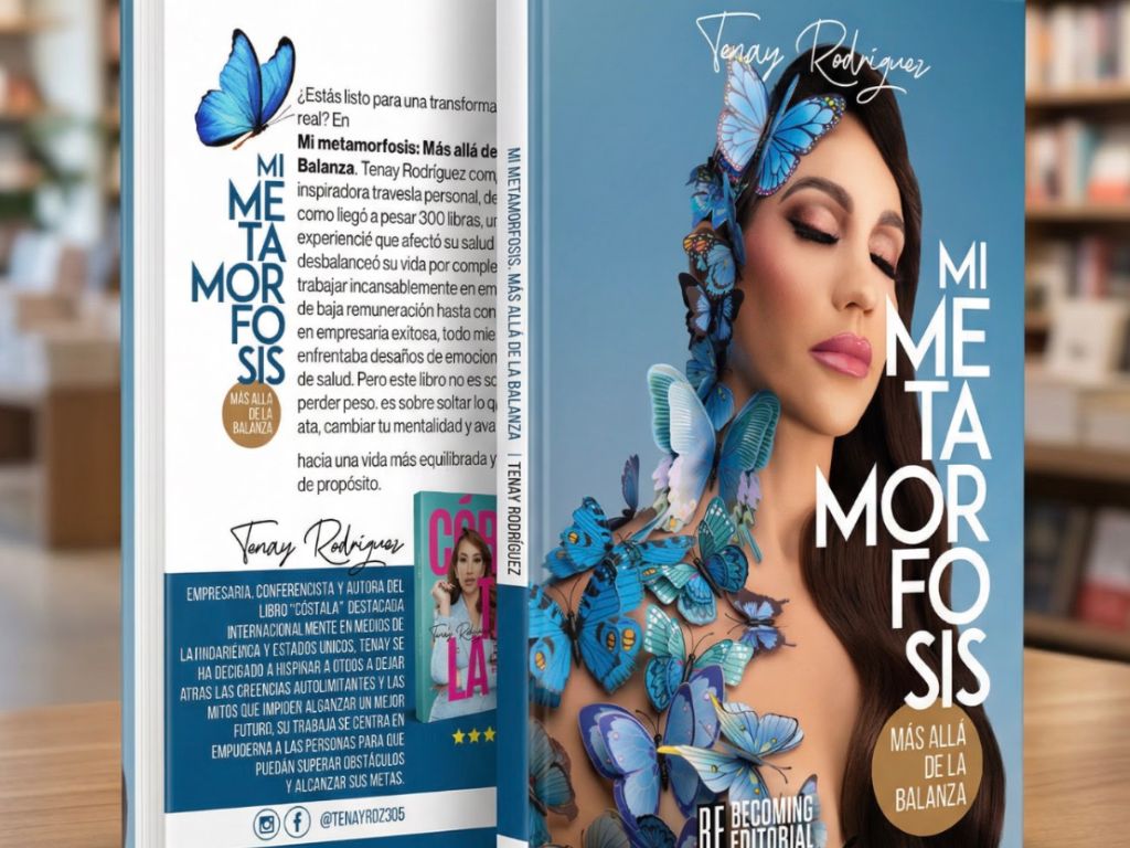 Tenay Rodríguez sostiene su libro “Mi Metamorfosis: Más allá de la balanza”, donde comparte su historia de transformación personal y bienestar.