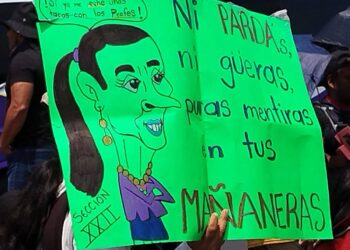 "ni pardas ni gueras, puras mentiras en tus mañaneras" pancarta de manifestante en huelga nacional de la CNTE