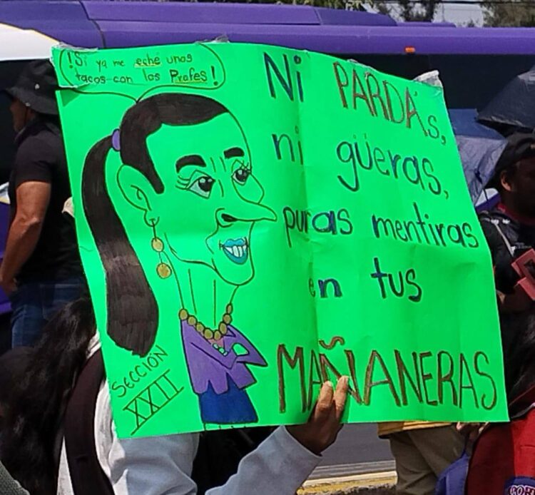 "ni pardas ni gueras, puras mentiras en tus mañaneras" pancarta de manifestante en huelga nacional de la CNTE