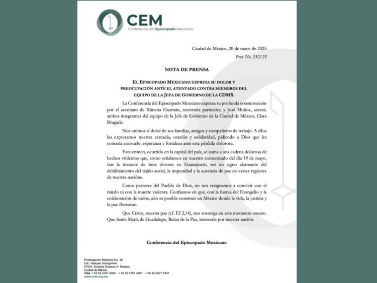La Iglesia católica expresa su dolor por los asesinatos de dos colaboradores del gobierno de Clara Brugada.