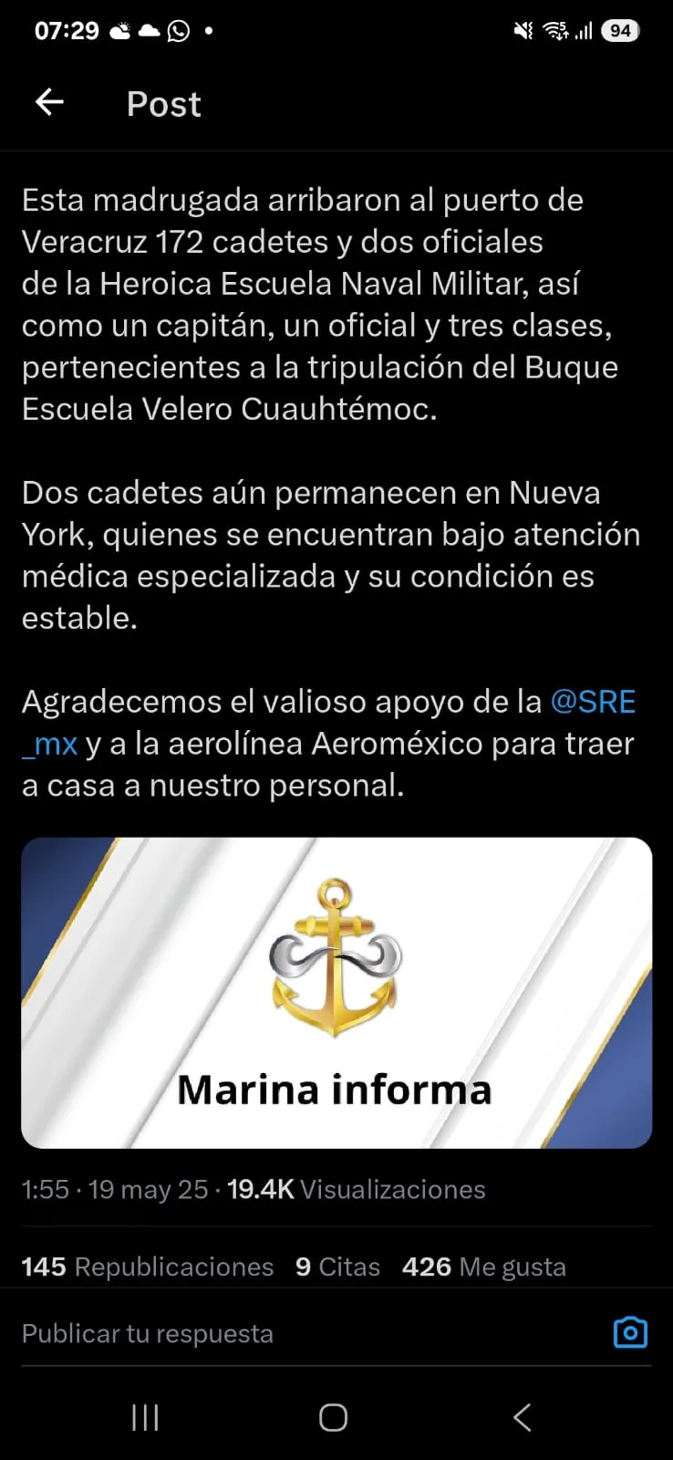En el estado de Veracruz existe una gran consternación por la noticia del accidente del Buque Escuela Cuauhtémoc, ocurrido en Nueva York.