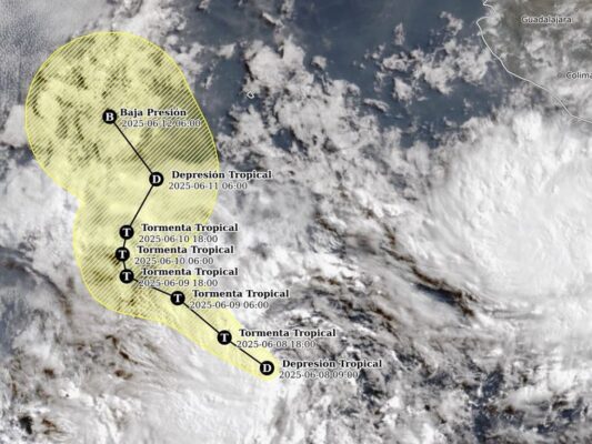 Trayectoria de la depresión tropical Tres-E en el Pacífico | AMEXI/FOTO: X @conagua_clima