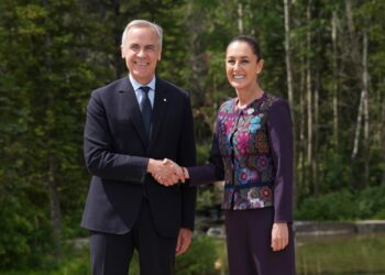 Mark Carney, primer ministro de Canadá, y Claudia Sheinbaum, presidenta de México. 17 de junio de 2025. AMEXI Foto
