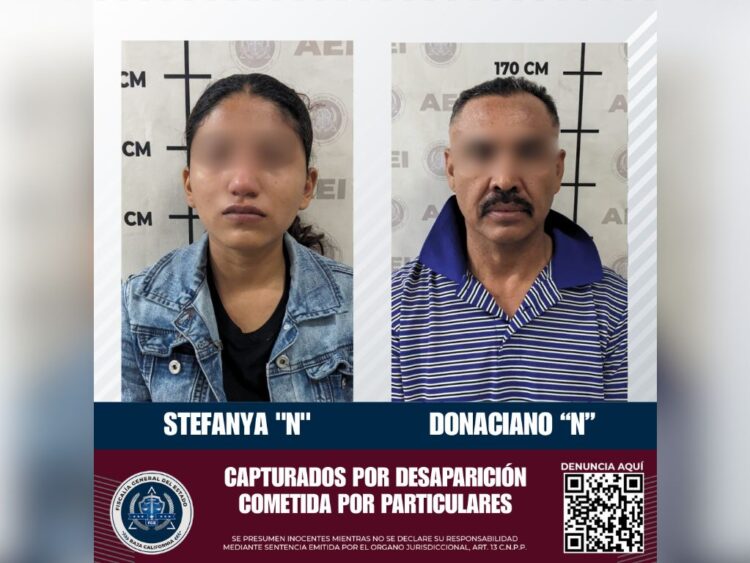 Stefanya N y Donaciano N, detenidos en Baja California por desaparición de personas en Guerrero. AMEXI Foto FGE Baja California