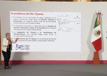 Alicia Bárcena, titular de la Semarnat, presenta el Memorando de Entendimiento para eñ Saneamiento del Río Tijuana entre Méxicoo y EU, en la conferencia del 25 de julio de 2025. Foto Captura de Video