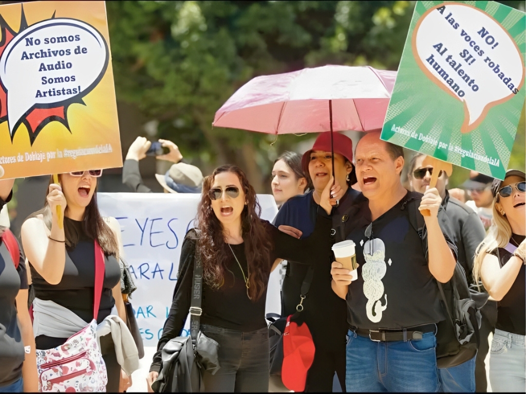 Protesta de actores de doblaje contra el uso fraudulento de IA. AMEXI