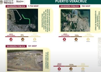 Semar anuncia inversiones millonarias para el Puerto de Veracruz. Conferencia de Sheinbaum del 23 de julio de 2025. Foto AMEXI Captura de video