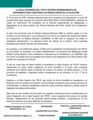 En un comunicado, las siete organizaciones recordaron que, conforme a la Constitución, el TEPJF no puede ser juez y parte de la elección de sus propios integrantes.