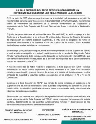 En un comunicado, las siete organizaciones recordaron que, conforme a la Constitución, el TEPJF no puede ser juez y parte de la elección de sus propios integrantes.