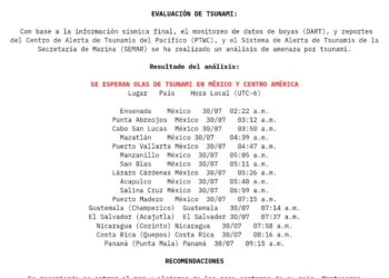 El Centro de Alerta de Tsunamis de la Secretaría de Marina (Semar) y la Coordinación Nacional de Protección Civil lanzaron una alerta de tsunami