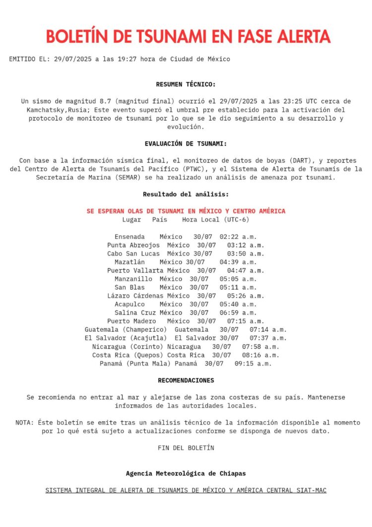 El Centro de Alerta de Tsunamis de la Secretaría de Marina (Semar) y la Coordinación Nacional de Protección Civil lanzaron una alerta de tsunami
