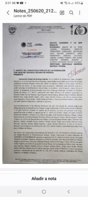 La denuncia solicita que se abra una carpeta de investigación y se proceda penalmente contra nueve personas identificadas como presuntos agresores directos.