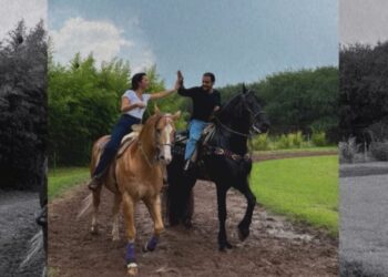 Ángela Aguilar enseña a cabalgar a Christian Nodal | AMEXI/FOTO: IG @angelaaguilar