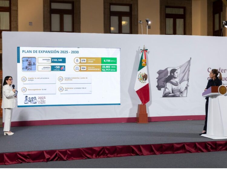 Emilia Esther Calleja, directora general de la CFE, presenta el plan de expansión eléctrica 2025-2030 en la conferencia del 21 de agosto de 2025. Foto Presidencia