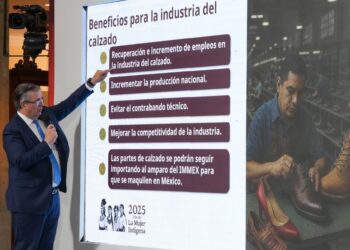 Marcelo Ebrard explica la suspensión temporal de la importación de calzado terminado, en la conferencia del 28 de agosto de 2025. Foto Presidencia