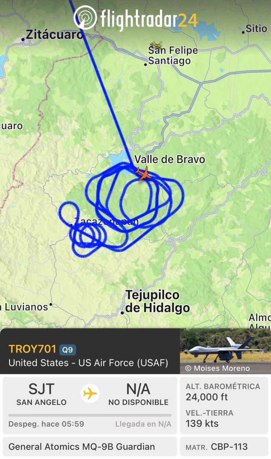 Trayectoria de un dron de EU que sobrevoló Valle de Bravo