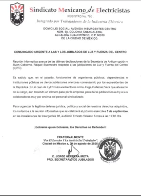 SME convoca a asamblea de jubilados para analizar declaraciones de Raquel Buenrostro, sobre supuestas ilegalidad de alto cobro de jubilaciones