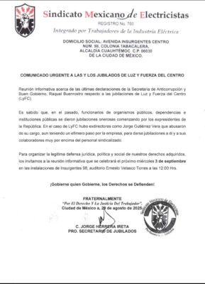 SME convoca a asamblea de jubilados para analizar declaraciones de Raquel Buenrostro, sobre supuestas ilegalidad de alto cobro de jubilaciones