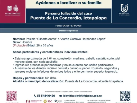 Boletín de búsqueda de familiares de una víctima hombre en la explosión de una pipa en Iztapalapa. Foto FGJCDMX