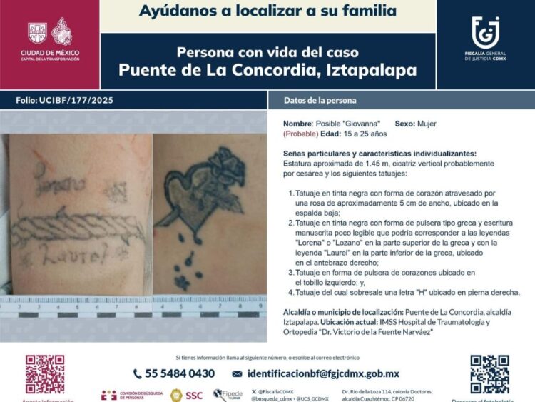 Boletín de búsqueda de familiares de una víctima mujer en la explosión de una pipa en Iztapalapa. Foto FGJCDMX. Buscan a familiares de dos víctimas de la explosión de una pipa en Iztapalapa