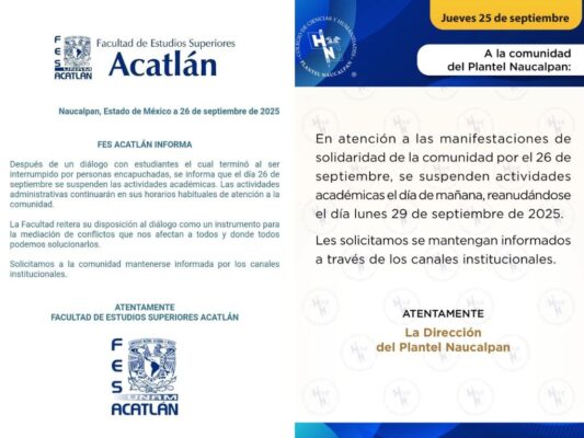 Comunicados de la FES Acatlán y del CCH Naucalpan sobre suspensión de clases el 26 de septiembre de 2025. AMEXI Foto Especial