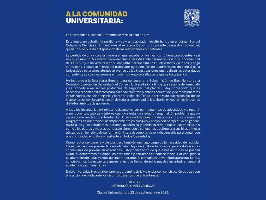 El comunicado de Rectoría sobre los homicidios en la UNAM. AMEXI