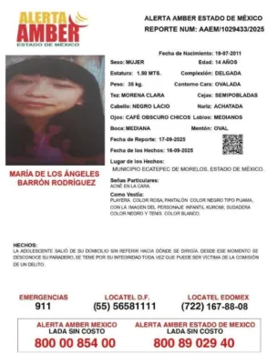 Ficha de búsqueda de María de los Ángeles Barrón Rodríguez, adolescente de 14 años desaparecida el pasado 16 de septiembre. Foto Edomex