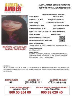 Ficha de búsqueda de María de los Ángeles Barrón Rodríguez, adolescente de 14 años desaparecida el pasado 16 de septiembre. Foto Edomex