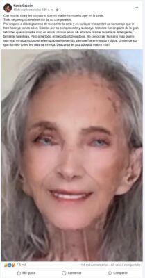 Kenia Gascón anuncia el fallecimiento de su madre, la actriz Tara Parra a los 93 años | AMEXI/FOTO: FB