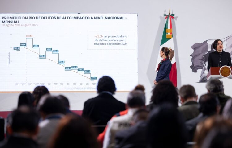 Marcela Figueroa Franco, titular del SESNSP, presenta reporte de homicidios dolosos en la conferencia de Claudia Sheinbaum del 9 de septiembre de 2025. Foto Presidencia