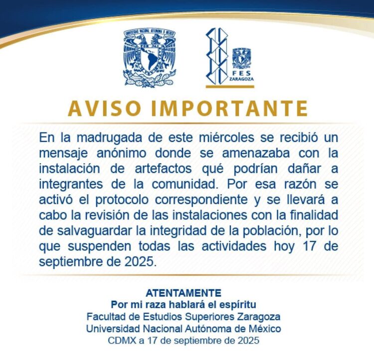 Por amenaza anónima suspenden actividades en FES Zaragoza