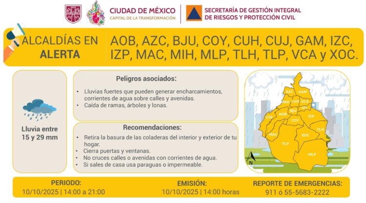 Pronostican fuertes lluvias en la CDMX, activan la Alerta Amarilla. AMEXI / Foto: X @SGIRPC_CDMX