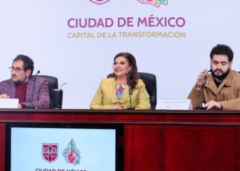 Clara Brugada en la presentación del Plan de Reordenamiento en el Centro Histórico de la CDMX. AMEXI Foto X Clara Brugada