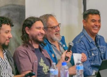 Cabello, Botello, Ponce y Acevedo, en Encuentros Rupéstricos 2025 en San Juan del Río. AMEXI /Foto: Roberto Ponce.