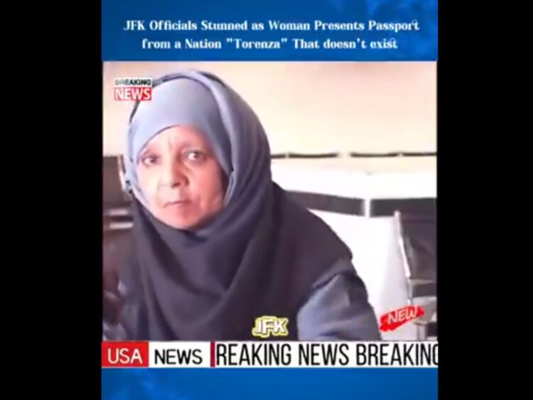 Mujer Pasaporte Torenza supuestamente detenida en JFK. La imagen viral de la mujer que presentó un pasaporte de un país inexistente.