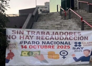 Paro Nacional de Trabajadores de el SAT. 14 de octubre de 2025. AMEXI Foto X @satparonacional