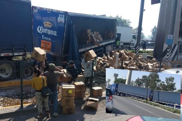 Tráiler de cerveza volcó en la México-Querétaro provocando caos vial y rapiña. 17 de octubre, 2025. AMEXI / Foto: Luis Ayala Ramos