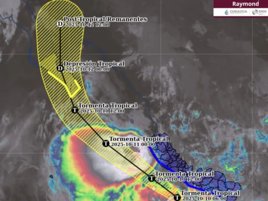 Trayectoria de la tormenta tropical Raymond en el Océano Pacífico | AMEXI/FOTO: X @conagua_clima