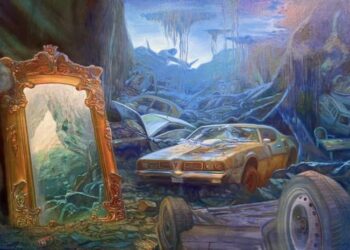 Pintura al óleo surrealista de un coche clásico americano oxidado y un espejo barroco en un paisaje post-apocalíptico azul. Obra de arte expuesta en el festival B-LA-M 2025.