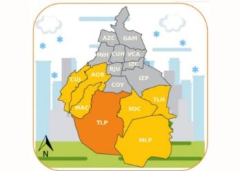 Mapa de la Ciudad de México con las siete alcaldías en alerta naranja y amarilla por bajas temperaturas.