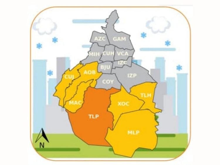 Mapa de la Ciudad de México con las siete alcaldías en alerta naranja y amarilla por bajas temperaturas.