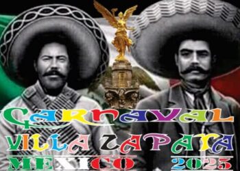 Letrero oficial del Carnaval Villa-Zapata 2025 mostrando a los revolucionarios Villa y Zapata, símbolo de la historia y tradición del evento.