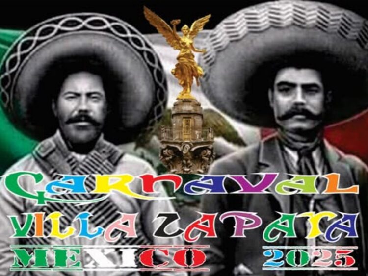 Letrero oficial del Carnaval Villa-Zapata 2025 mostrando a los revolucionarios Villa y Zapata, símbolo de la historia y tradición del evento.