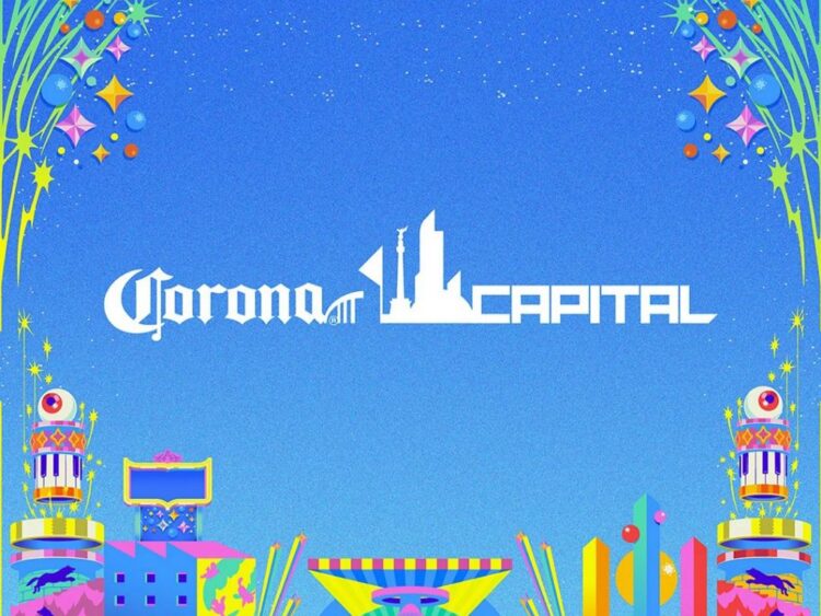 Logo del festival Corona Capital 2025 con el título sobre fondo azul y silueta del Autódromo Hermanos Rodríguez.