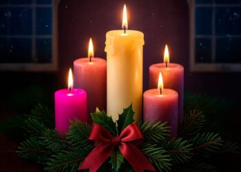 Corona de Adviento con follaje verde y cuatro velas encendidas que representan los domingos previos a la Navidad.