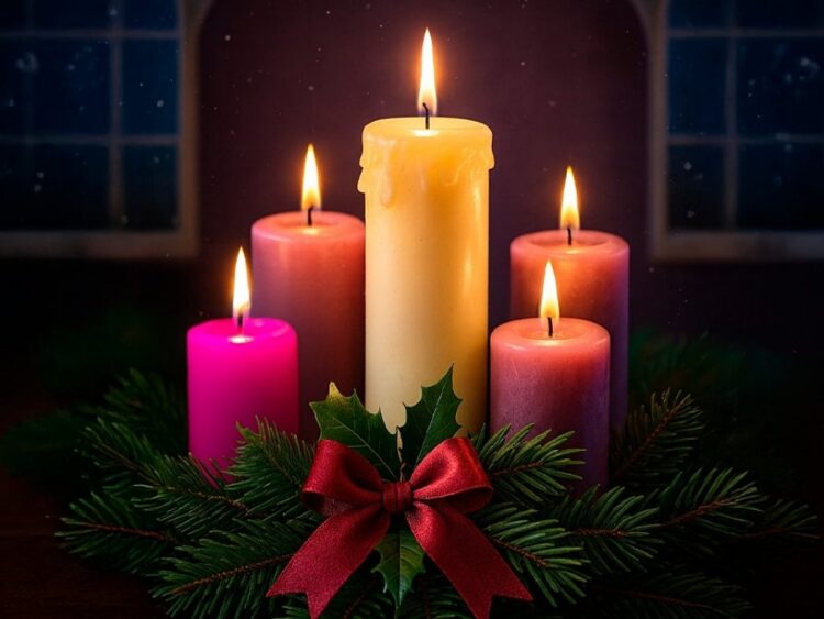 Corona de Adviento con follaje verde y cuatro velas encendidas que representan los domingos previos a la Navidad.