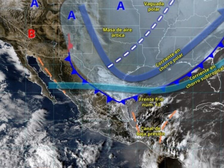 Mapa meteorológico que muestra los fenómenos climáticos del frente frío 13 afectando gran parte de México, con lluvias, vientos y bajas temperaturas.